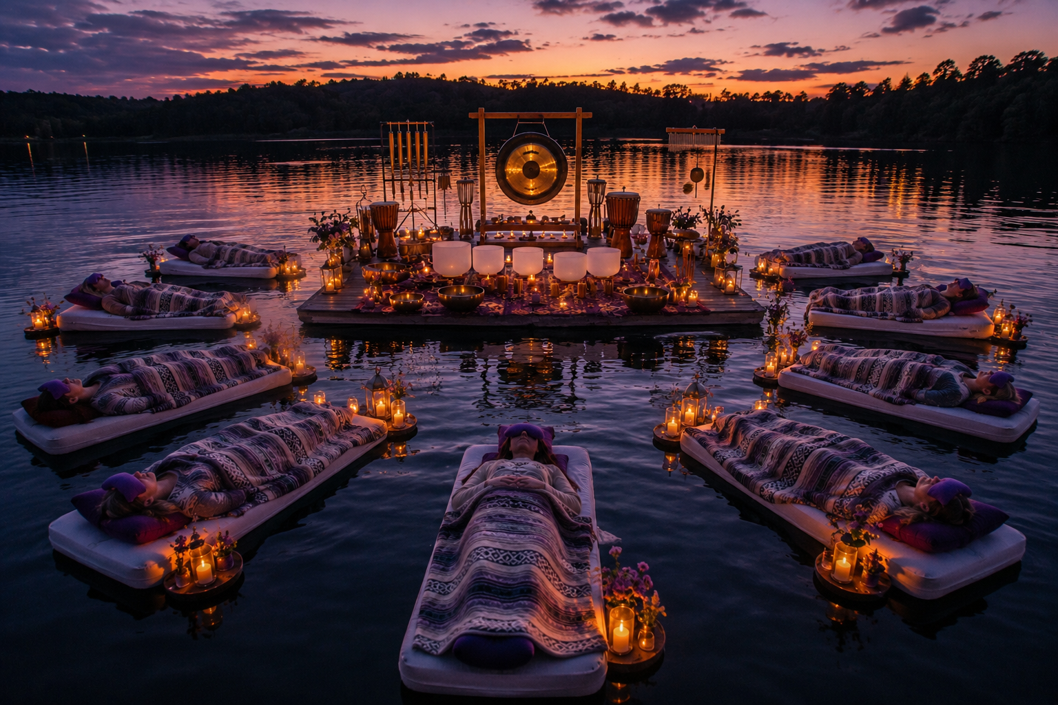 Floating sound bath at dusk with gongs and crystal bowls on a lake